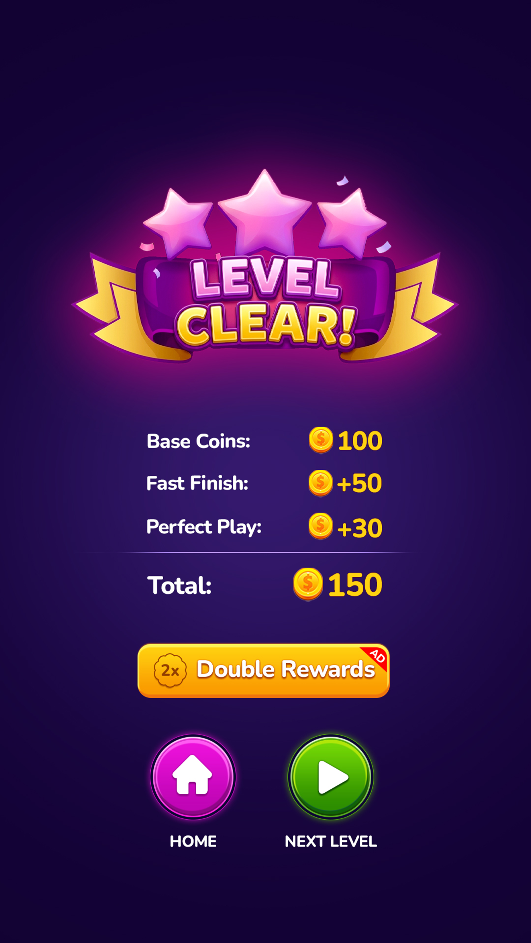 TriLink Level Clear screen showing coin rewards and bonuses