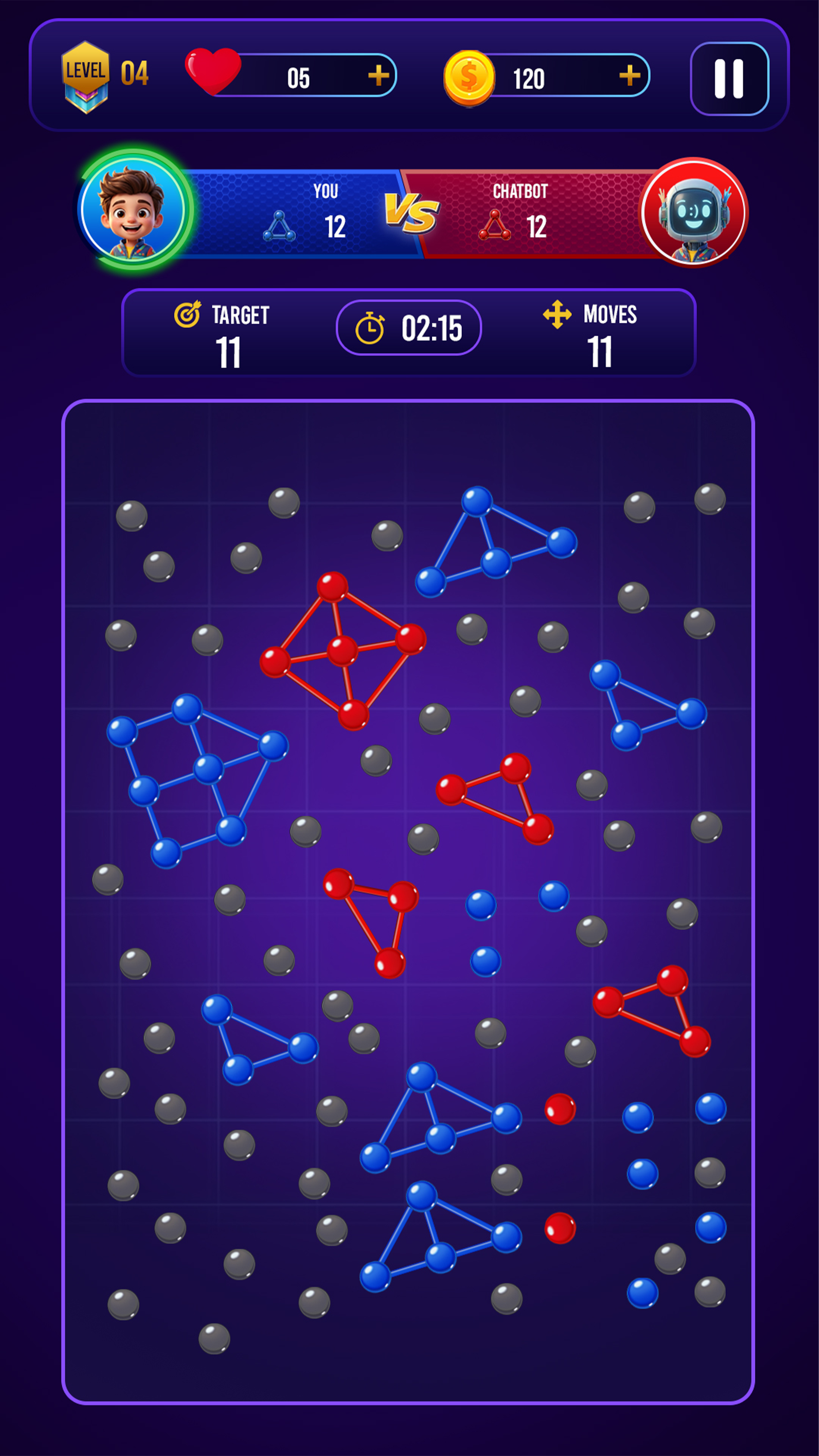 TriLink match in progress against the AI with a live timer and score