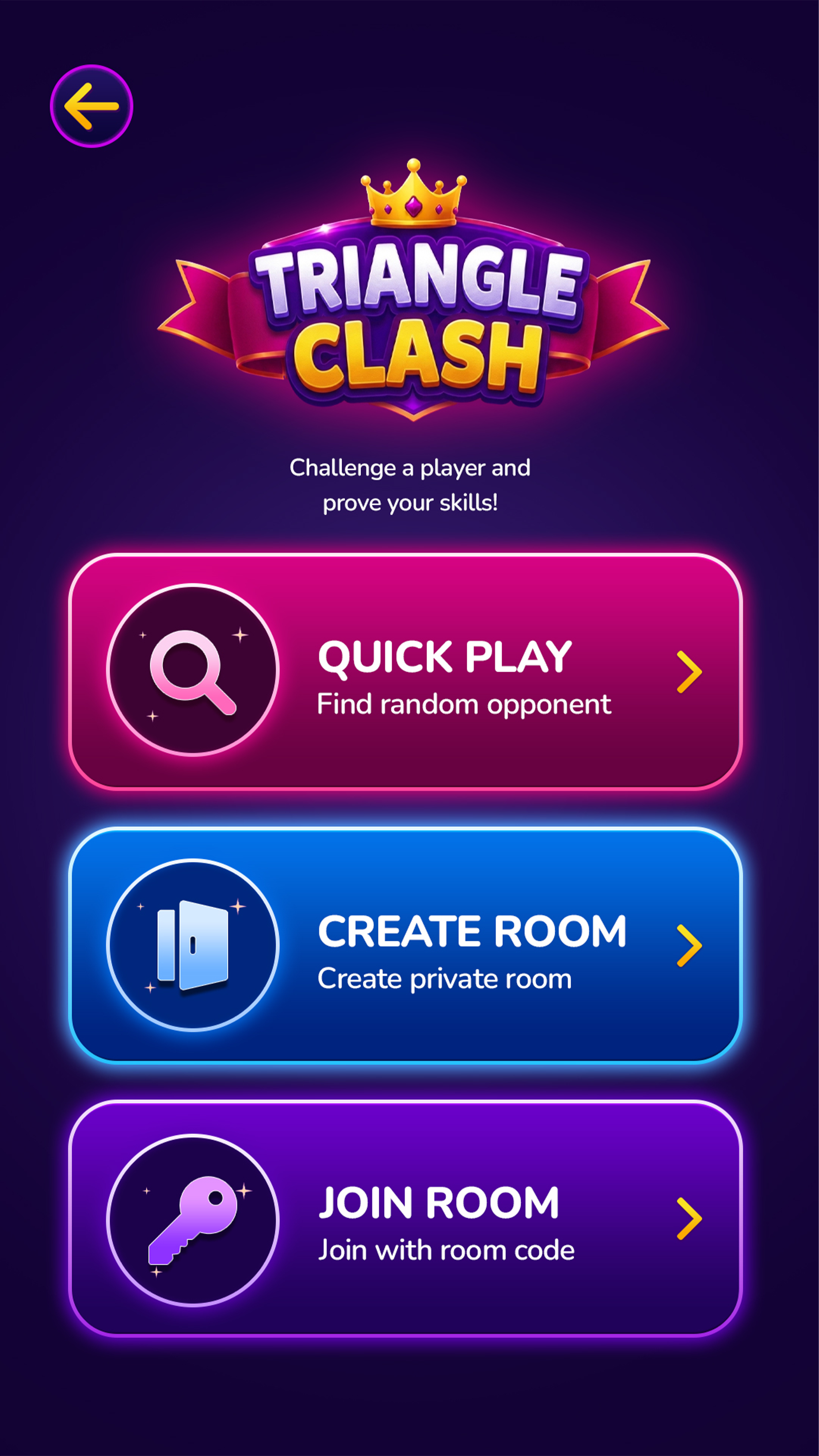 TriLink Triangle Clash menu with Quick Play, Create Room, and Join Room